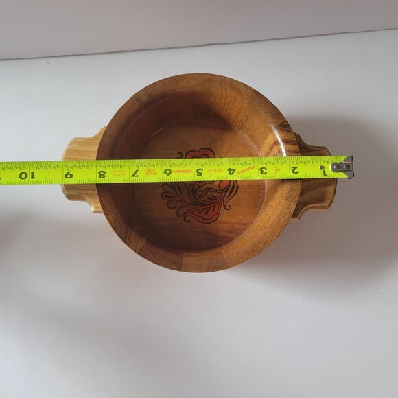 Vintage Soviet Wooden Bowl With Floral Design & Handles - Picture 8 of 9
